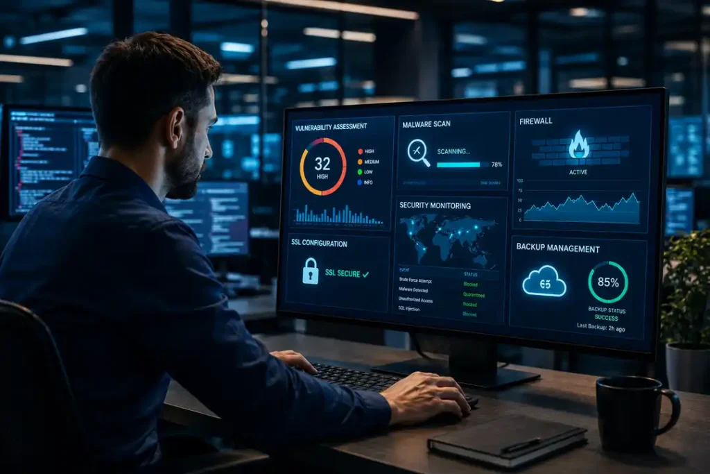 Alt: Professional Website Security Services including vulnerability assessment, malware scanning, firewall protection, and continuous monitoring.