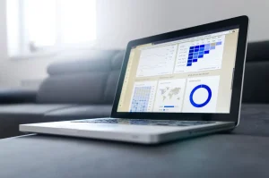 Laptop showing dashboard charts for a technical SEO checklist for WordPress